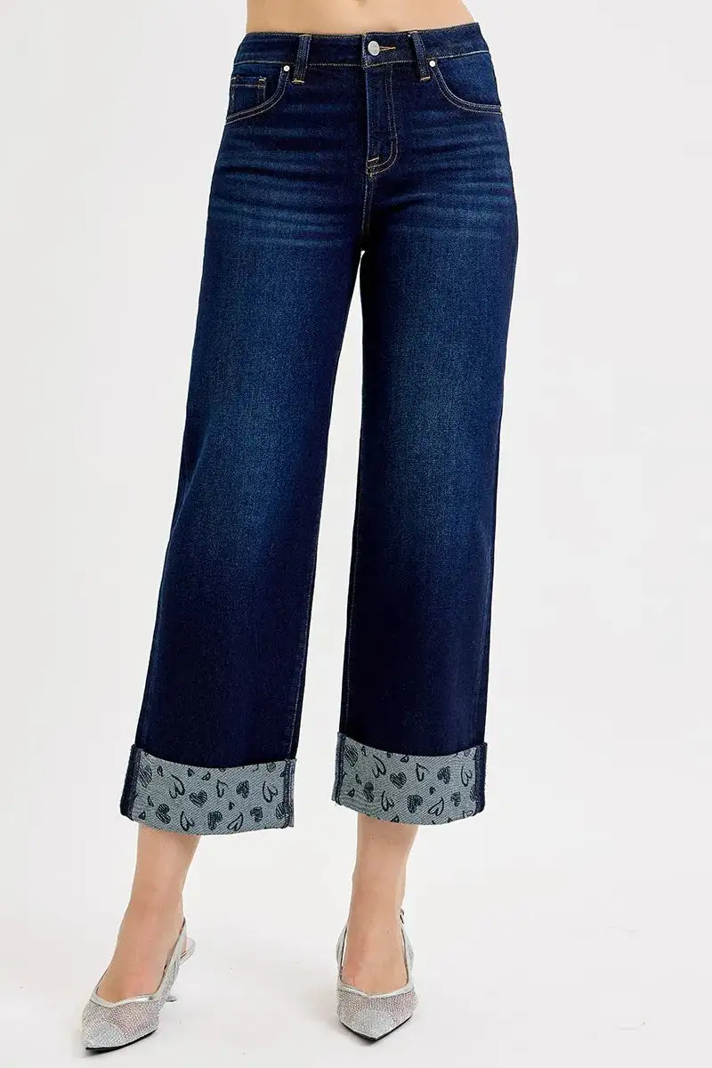 Everyday Mid Rise Cuffed Hem Wide Leg Jeans