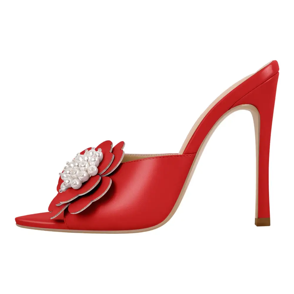 Pearl Flower Pointed Toe Stiletto Mule Sandals