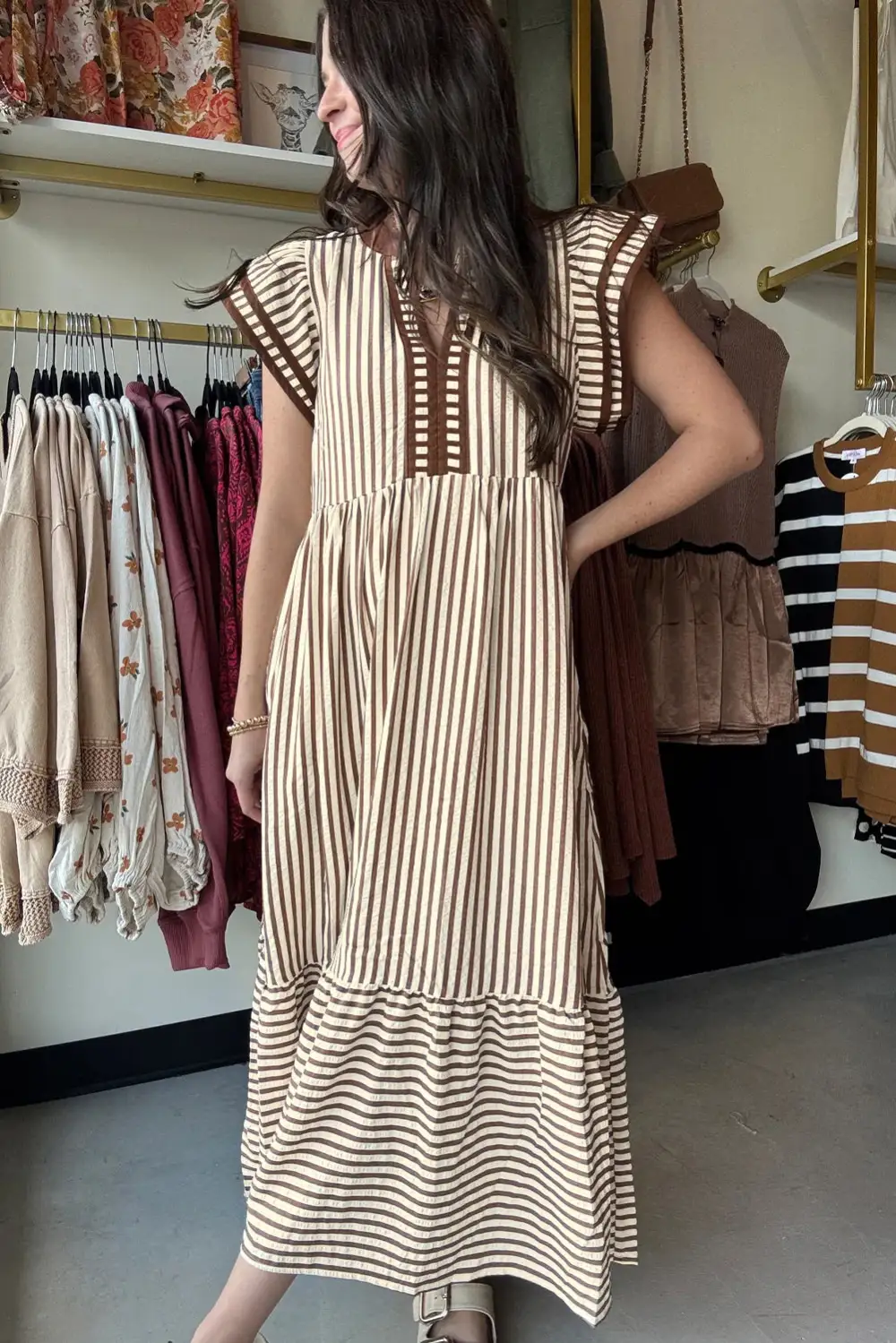 Lightweight Feel Striped V Neck Ruffle Midi Dress