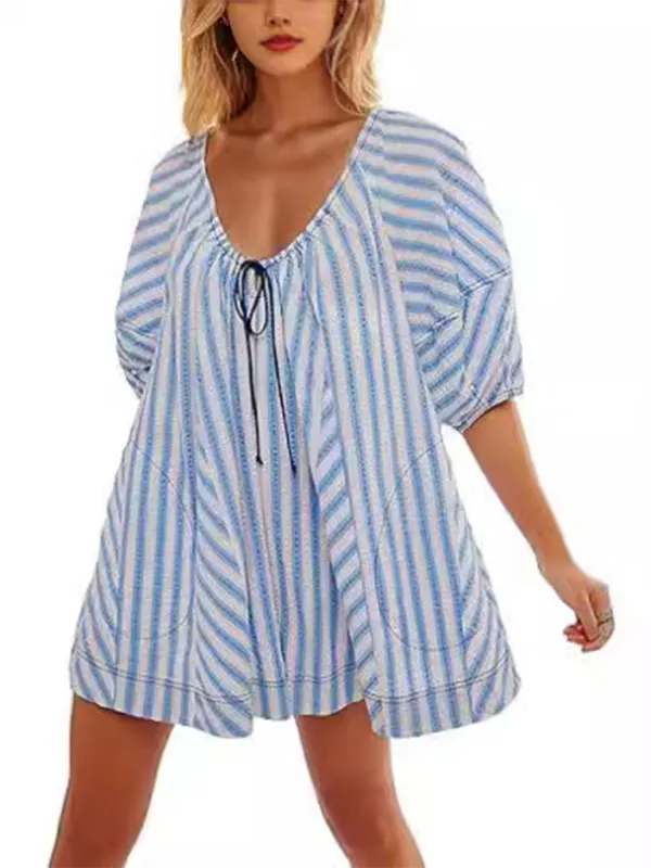 Short Sleeved Striped Jumpsuit Slim Loose Shorts