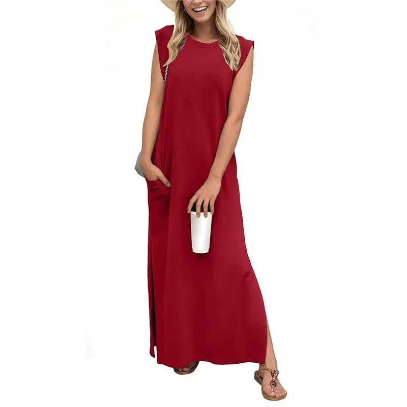 6PACK-Summer Round Neck Casual Loose Split Wrinkle-Free Long  Dress