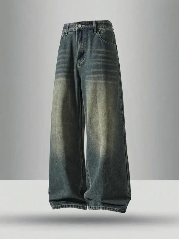 Men's Vintage Wash Pocket Wide Leg Jeans, Loose Casual Comfy Denim Pants for Daily Wear, Woven Bottoms for All Seasons