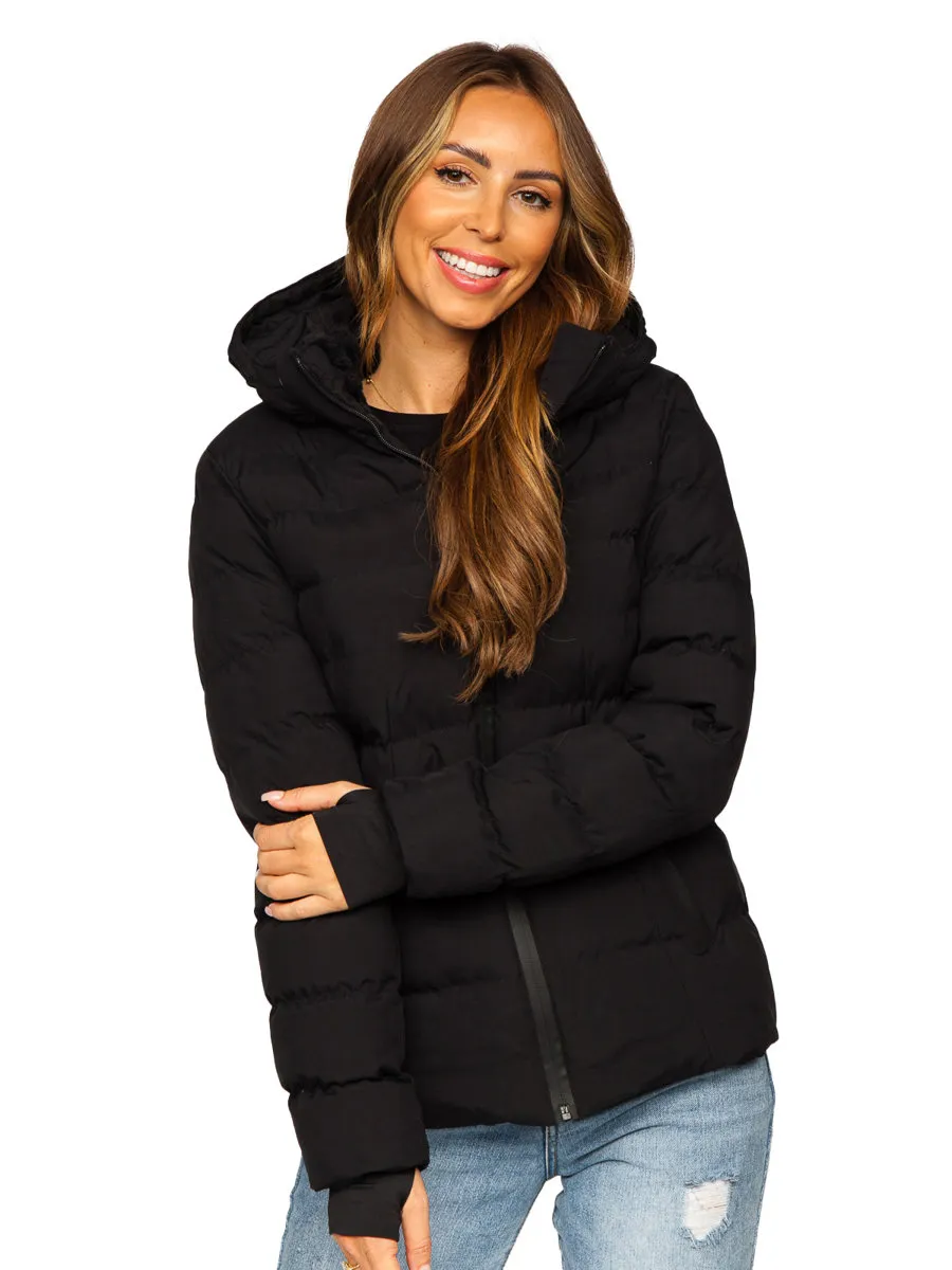 Black women's quilted winter jacket with hood