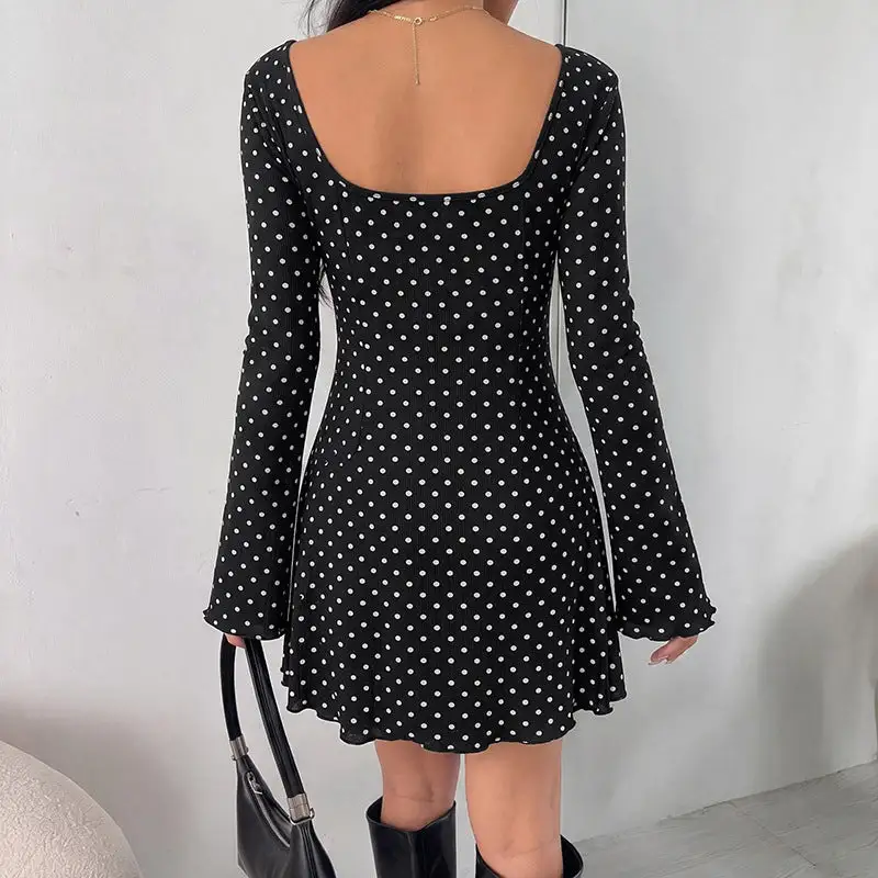 Women's Bodycon Long-Sleeve Lace Polka-Dot Mini Dress