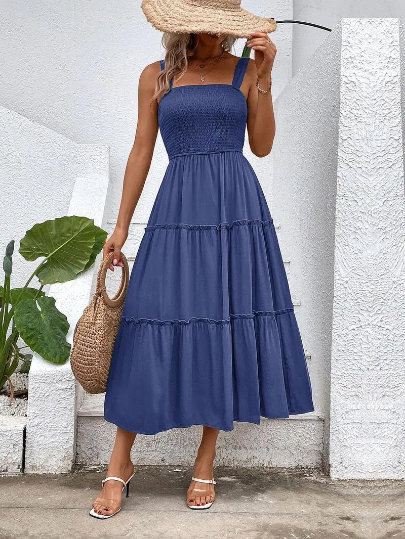 Women'S Frill Trim Ruffle Hem Shirred Backless Sundress Cami Dress, Sleeveless A Line Long Dress, Women'S Clothing For Summer Beach Holiday, Boho Clothes Women, Vintage Girly Clothes,