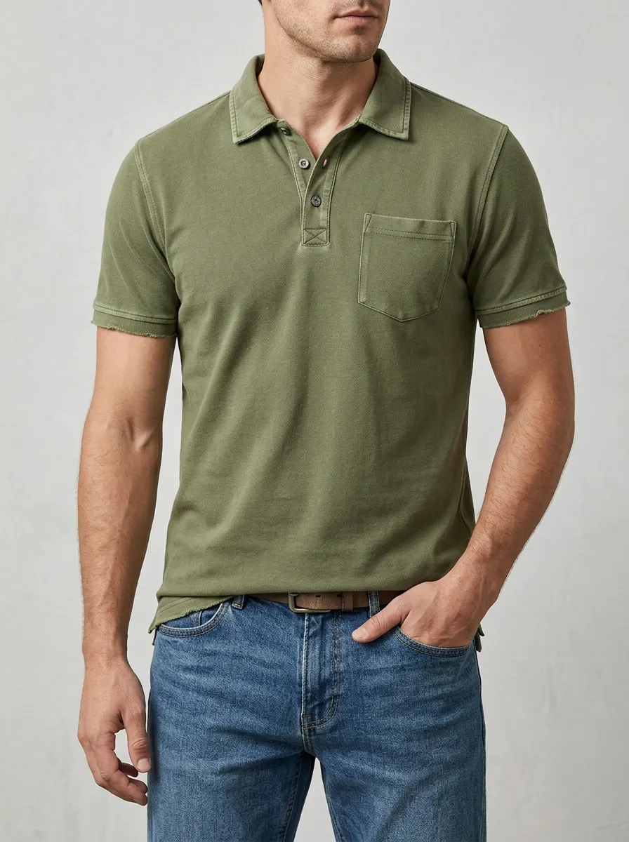 Men's Casual Olive Green Pocket Polo Shirt