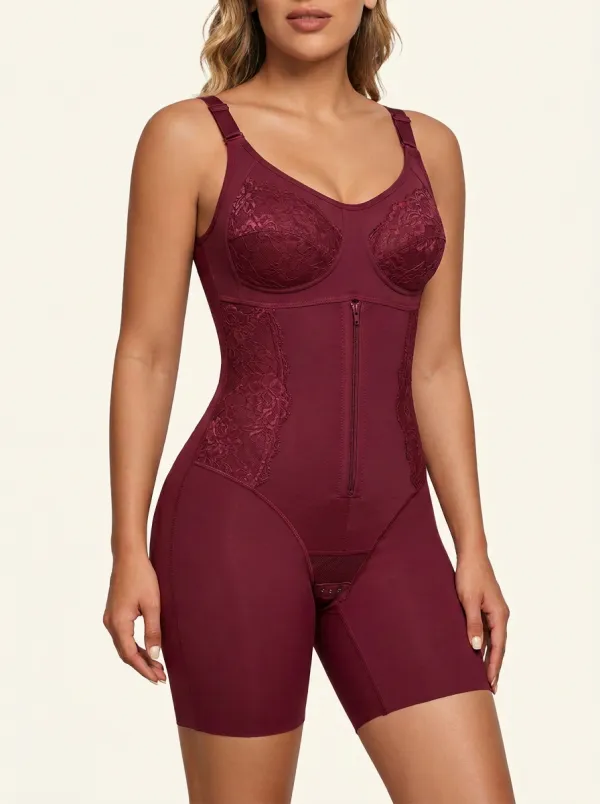 Women's Burgundy Lace Zippered Tummy Control Shapewear Bodysuit