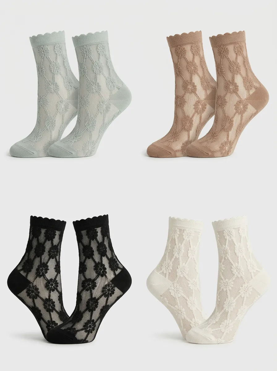 Women's Vintage Style Floral Lace Pattern Sheer Printed Socks