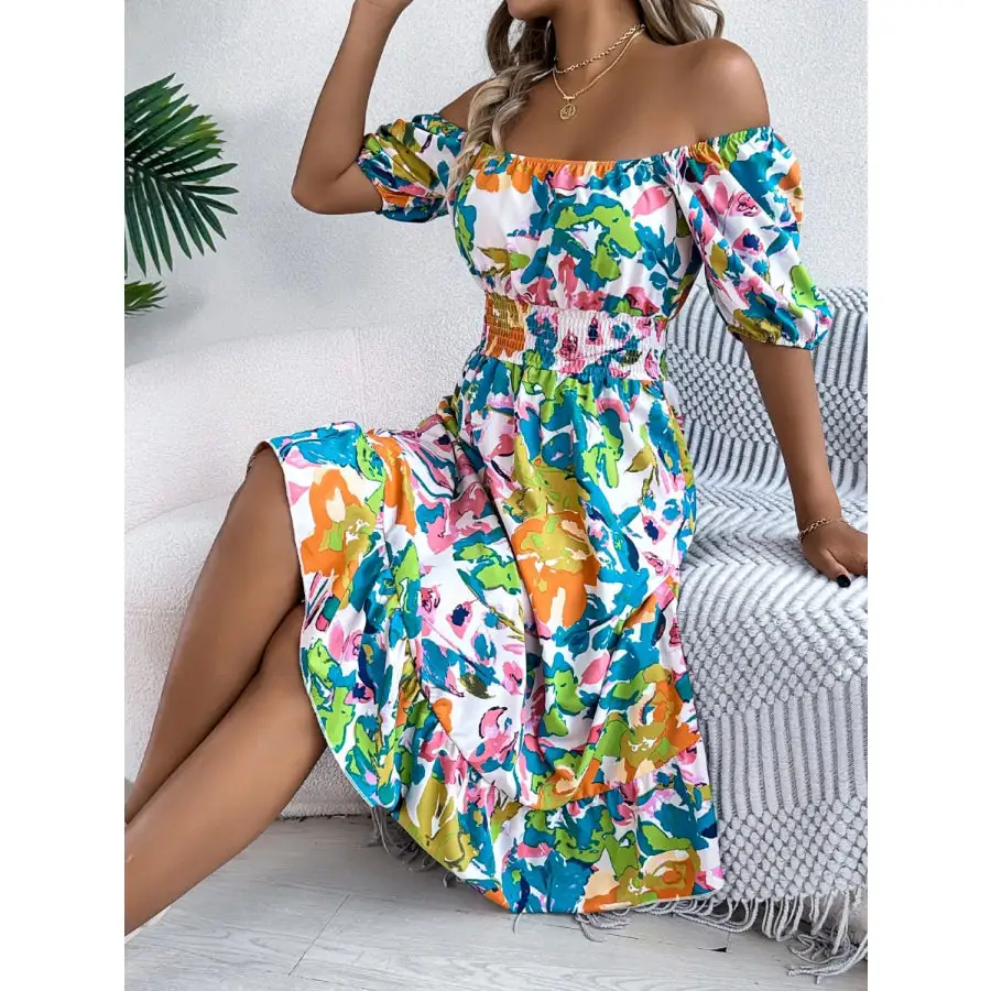 Ruffled Hem Smocked Short Sleeve Midi Dress