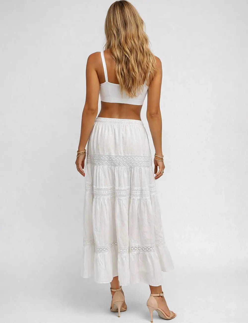 Elastic Waist Eyelet Lace Panel Tiered Maxi Skirt