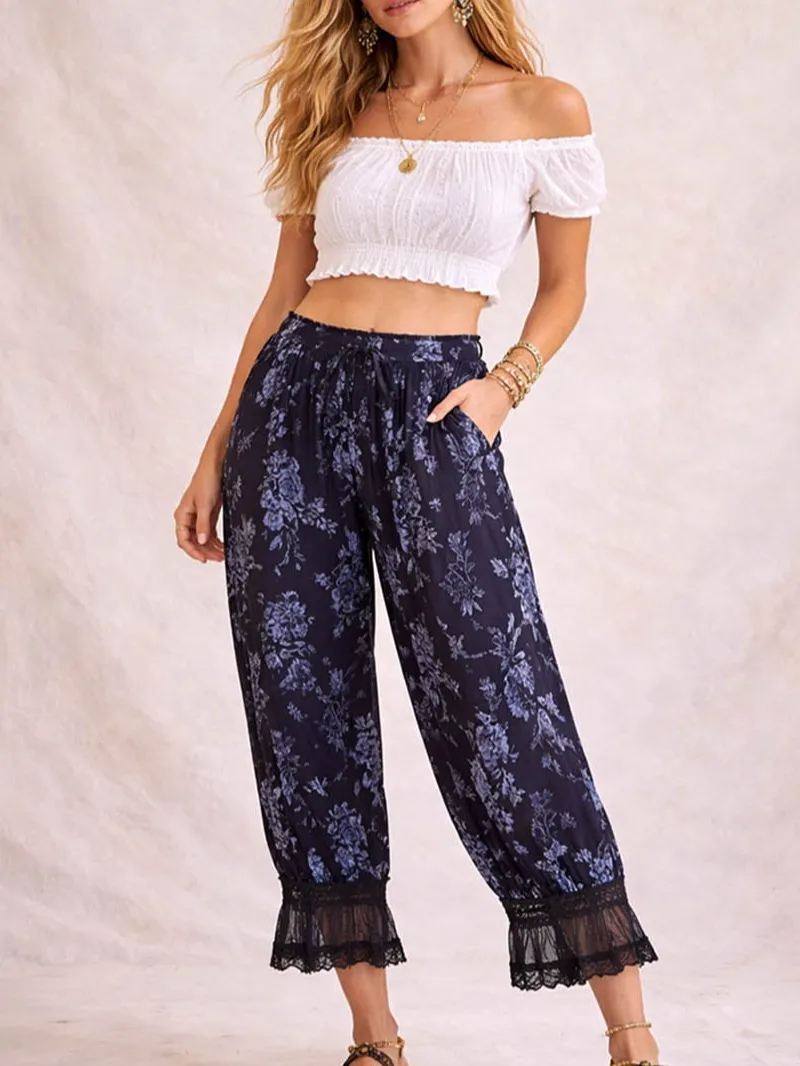 Lace Hem Flocked Elastic Waist Lantern Pants