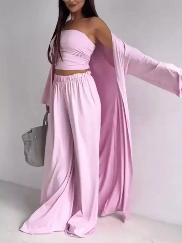 Tube Top & Cardigan & Wide Leg Pants Piece Set