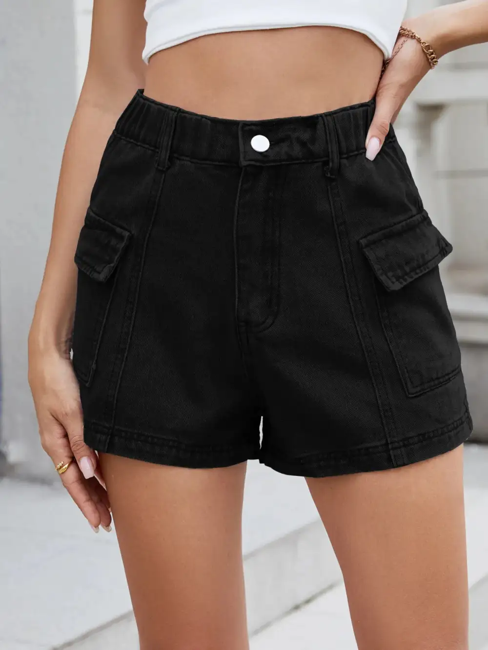 High-Waist Cargo Denim Shorts