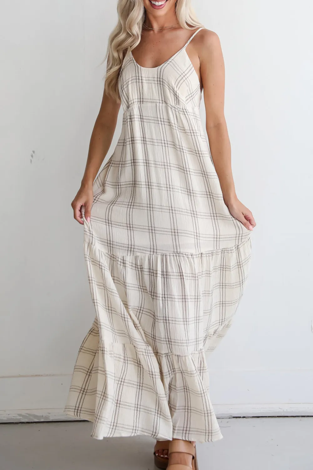 Grey Plaid Linen Maxi Dress