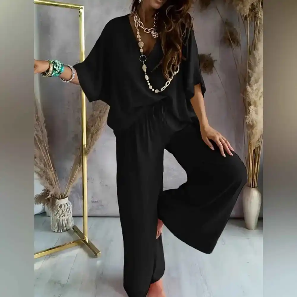 Lounge Set Flowy V-neck Top & Wide-leg Pants For All Party
