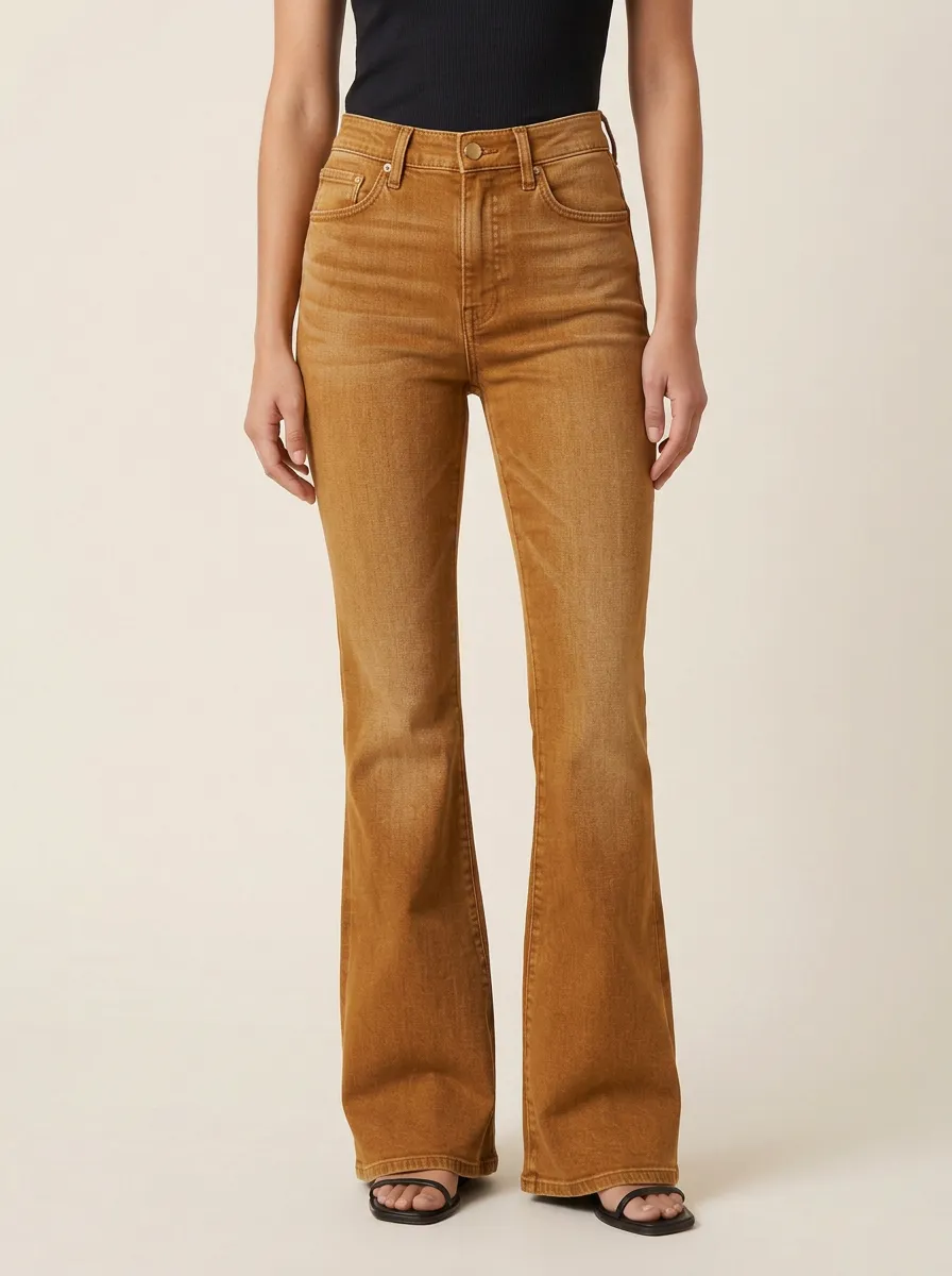 Women's High-Waisted Flare Denim High-Rise Waist Single Button Jeans