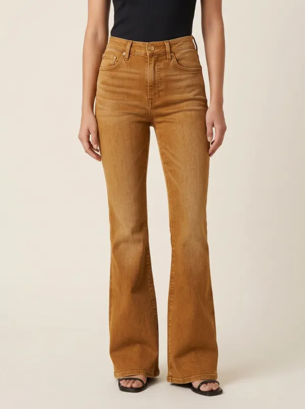 Women's High-Waisted Flare Denim High-Rise Waist Single Button Jeans
