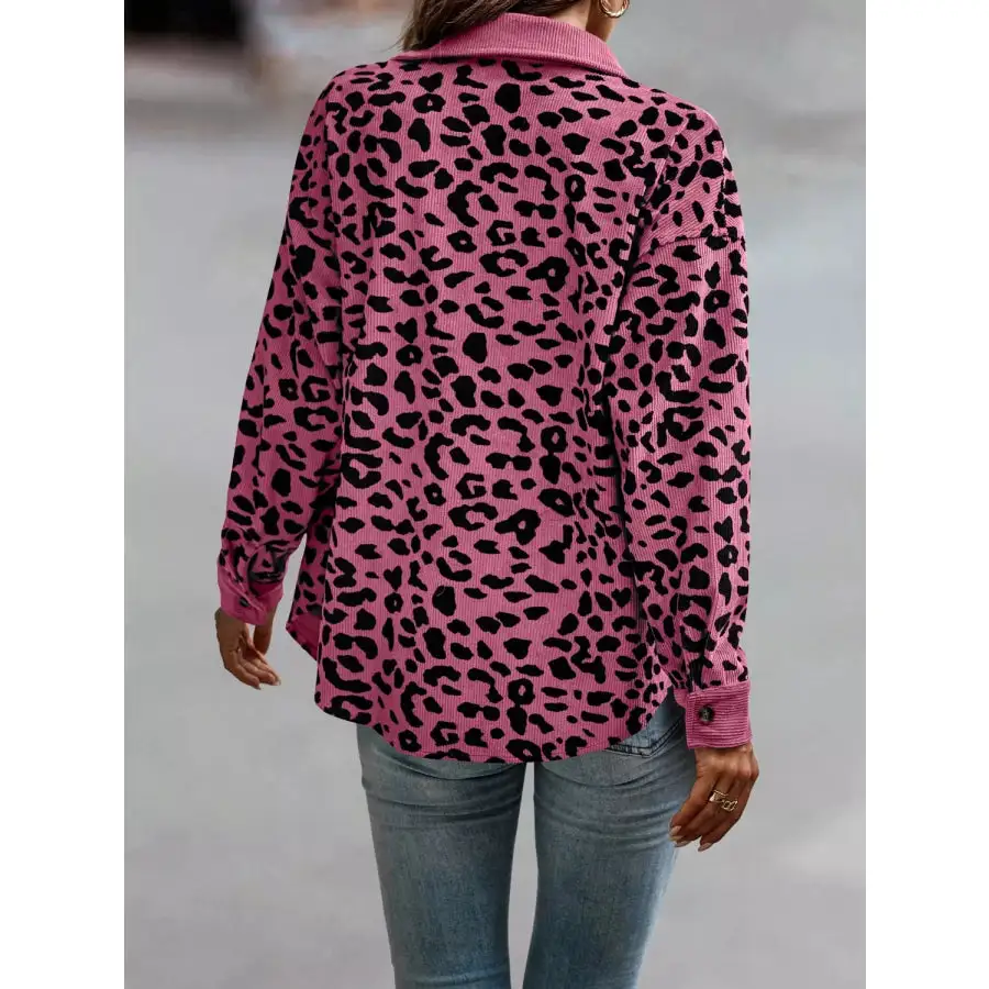 Full Size Leopard Print Button Down Jacket Plus Size
