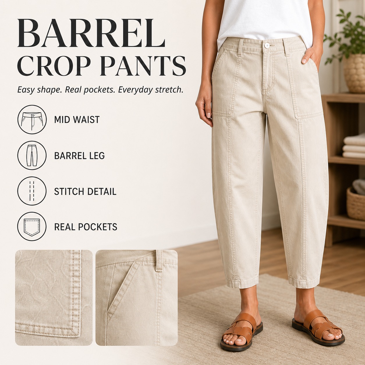 Solid stitch detail barrel crop pants style overview