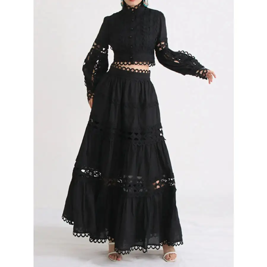 Lace Button Up Long Sleeve Top and Skirt Set