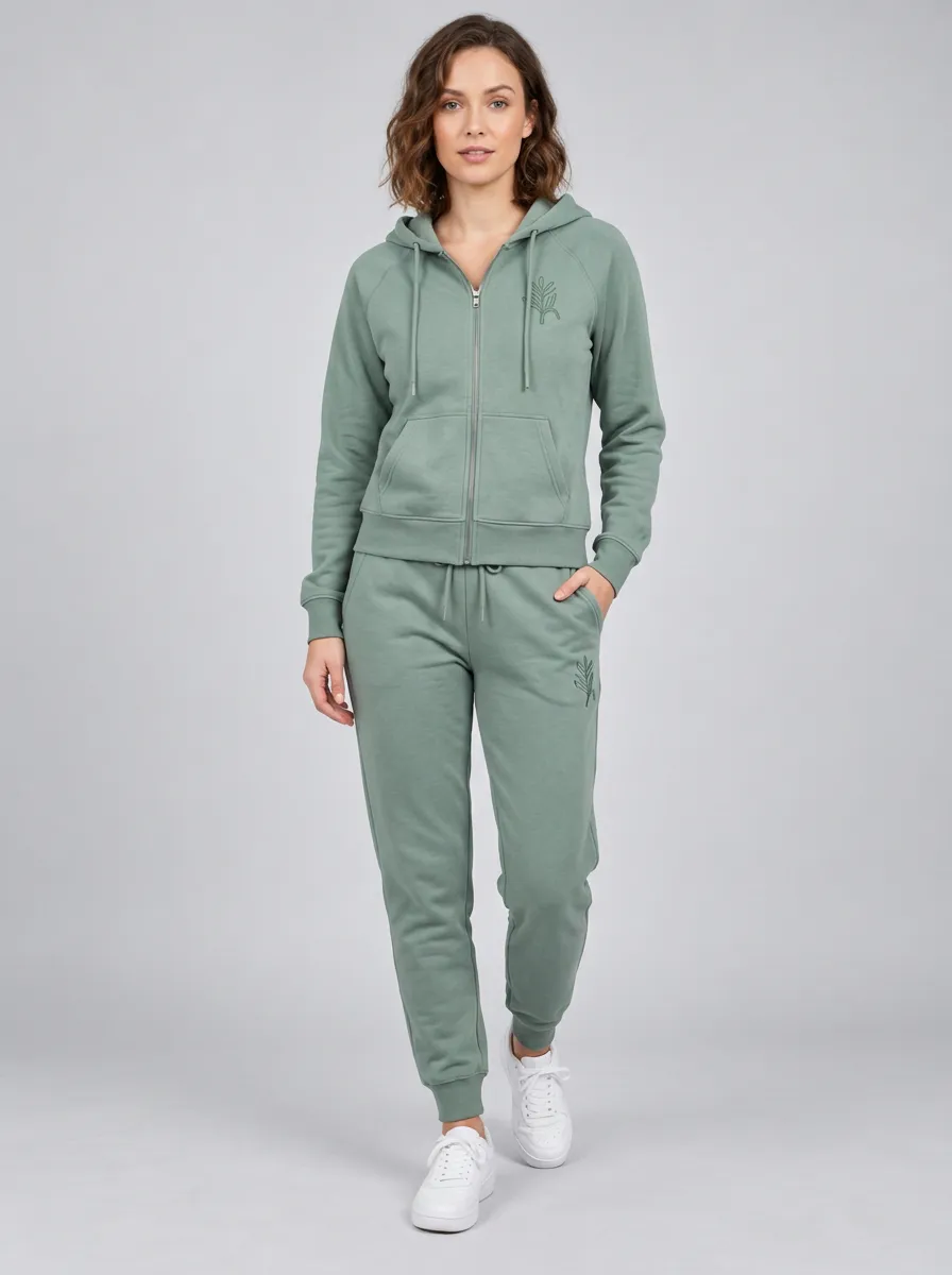 Women's Sage Green Kangaroo Pocket Drawstring Hood Zip-Up Hoodie Jacket & Jogger Set