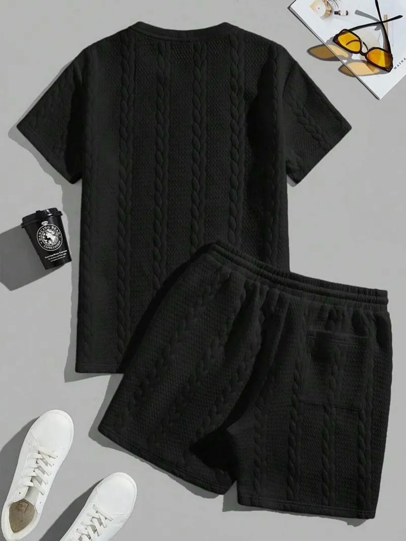 Men's Solid Textured Patched Tee & Drawstring Waist Shorts Set