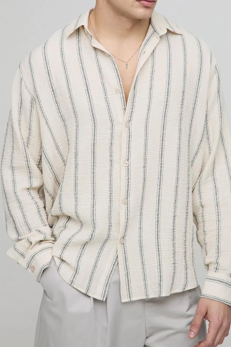 Super Oversized Stripe Cheesecloth Shirt Casual Style