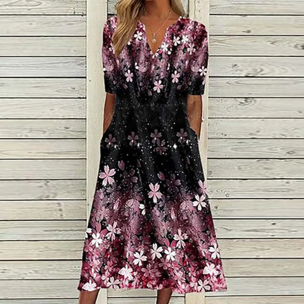 Purple Floral Print Side Pocket Midi Dress