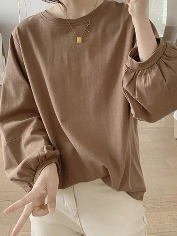 Long Sleeve Relaxed Pleat Detail Round Neck T-Shirt