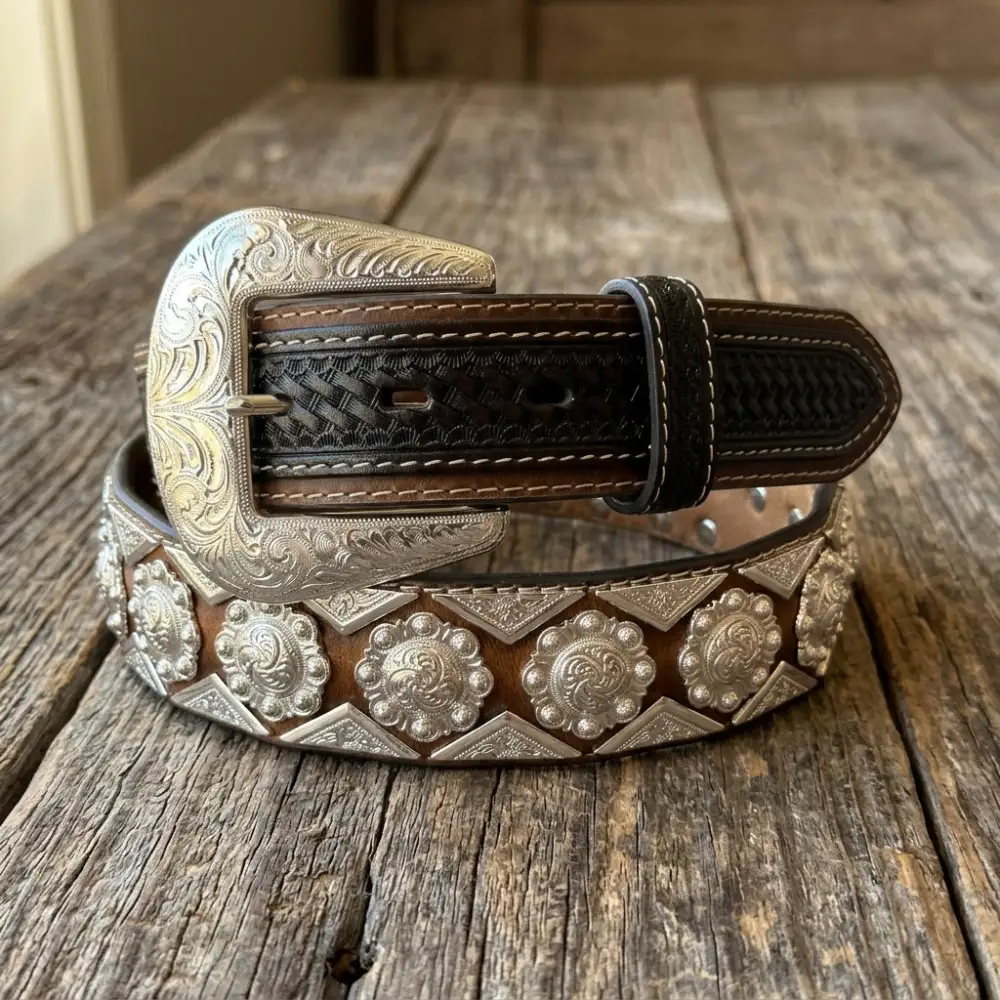 Basketweave Concho Studded Genuine Leather Western Belt