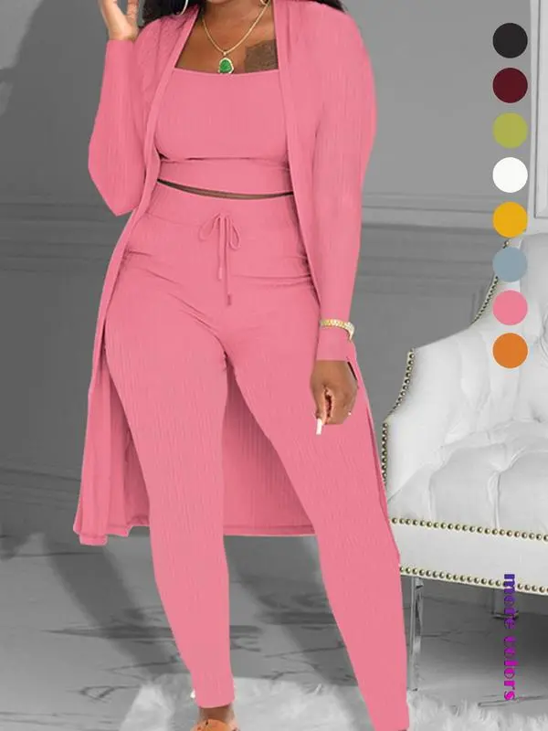 Women's Plain Long Sleeve Open Front Cardigan & Tie Front Leggings & Sleeveless Cropped Top Set, Casual Elegant Chic Fashion Cozy Breathable Women's Outfits for Fall, Ladies Fall Co-ord Sets, Clothes