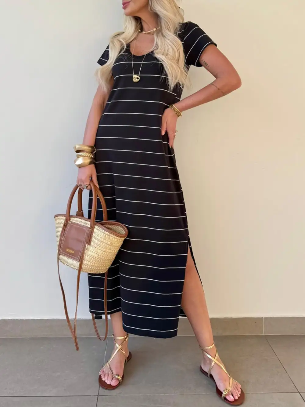 Striped Slit Midi Dress
