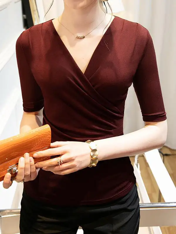 Half Sleeve Slim Fit Pleat Detail V-Neck T-Shirt