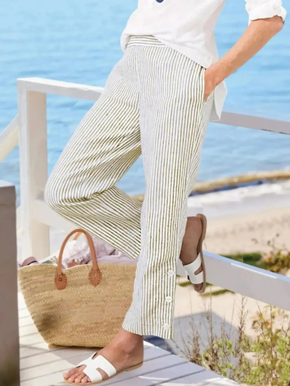 Striped Side Button Detail Plus Pants