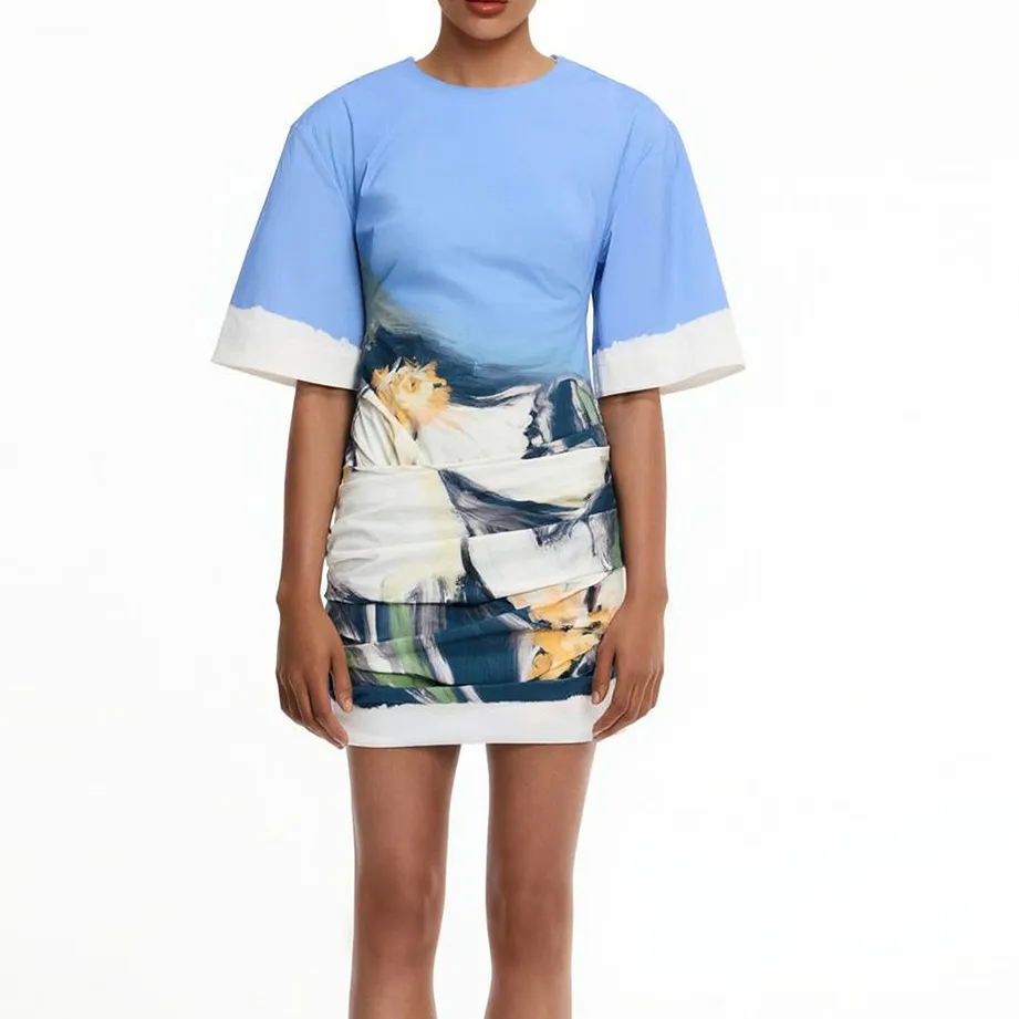Short Sleeve Abstract Floral Print Mini Dress