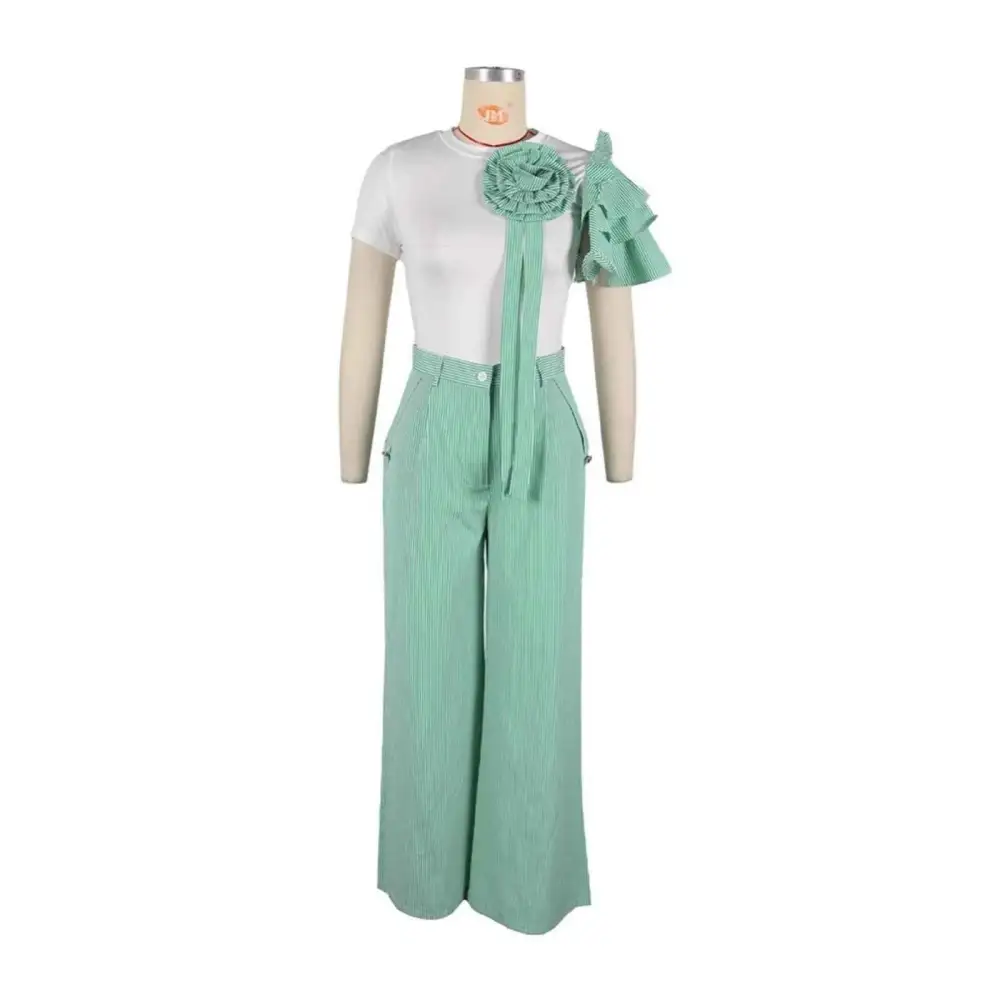 Everyday Crew-neck Short-sleeved Striped Wide-leg Pants Palazzo Set