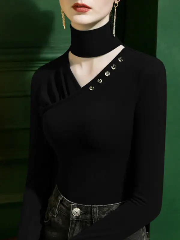 Long Sleeve Slim Fit Button Detail Cutout Pleat Detail Panel Detail High Neck T-Shirt