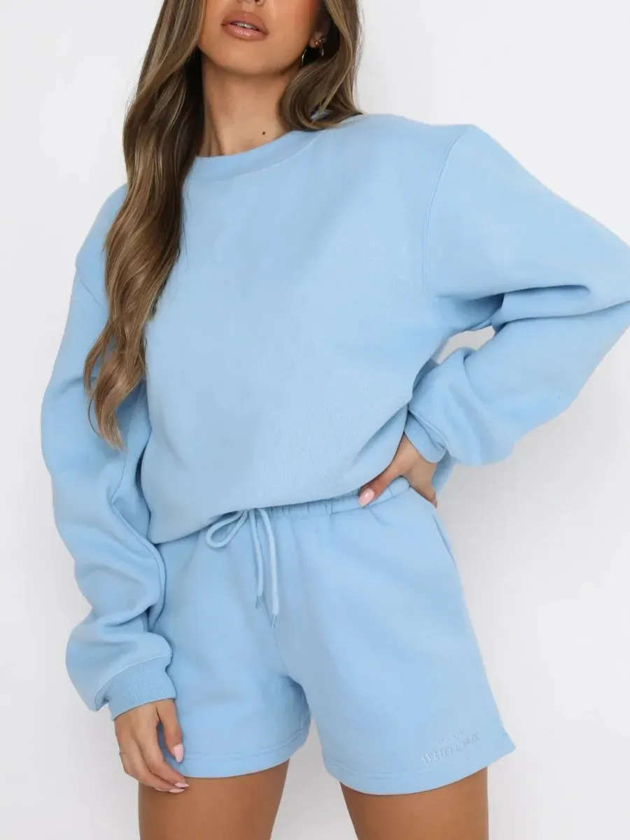Women's Fashion Round Neck Solid Color Sweatshirt and Short Pants two-piece set