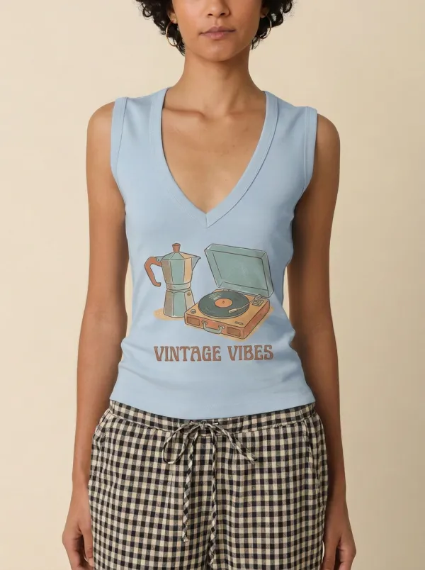 Women's Retro Music Coffee Lover Moka Pot Record Player Printed Tank Top