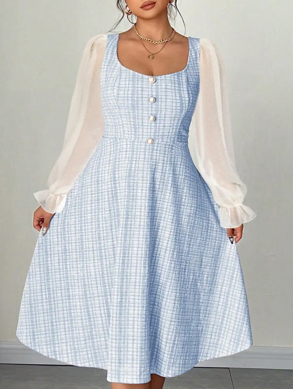 Chiffon Patchwork Sleeve Backless High Waisted Dress