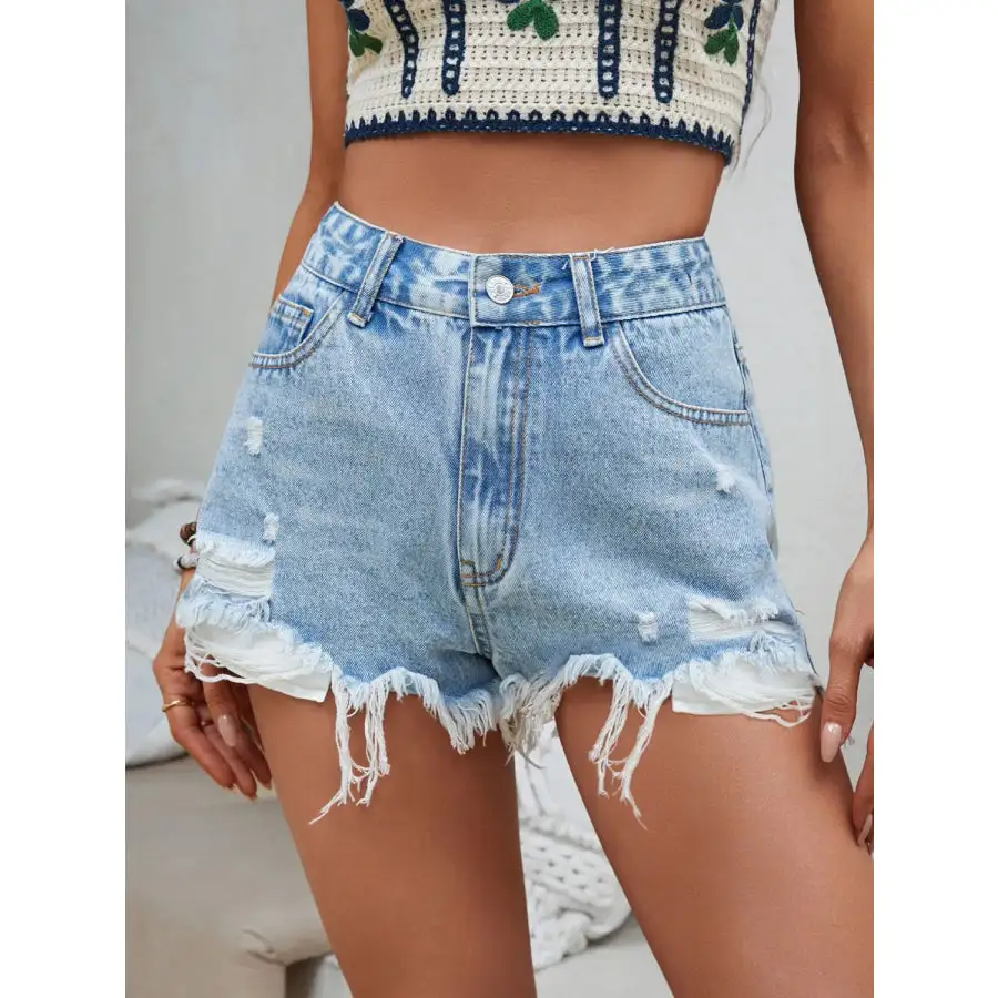 Relaxed Buttoned Raw Hem Distressed Pocketed Shorts