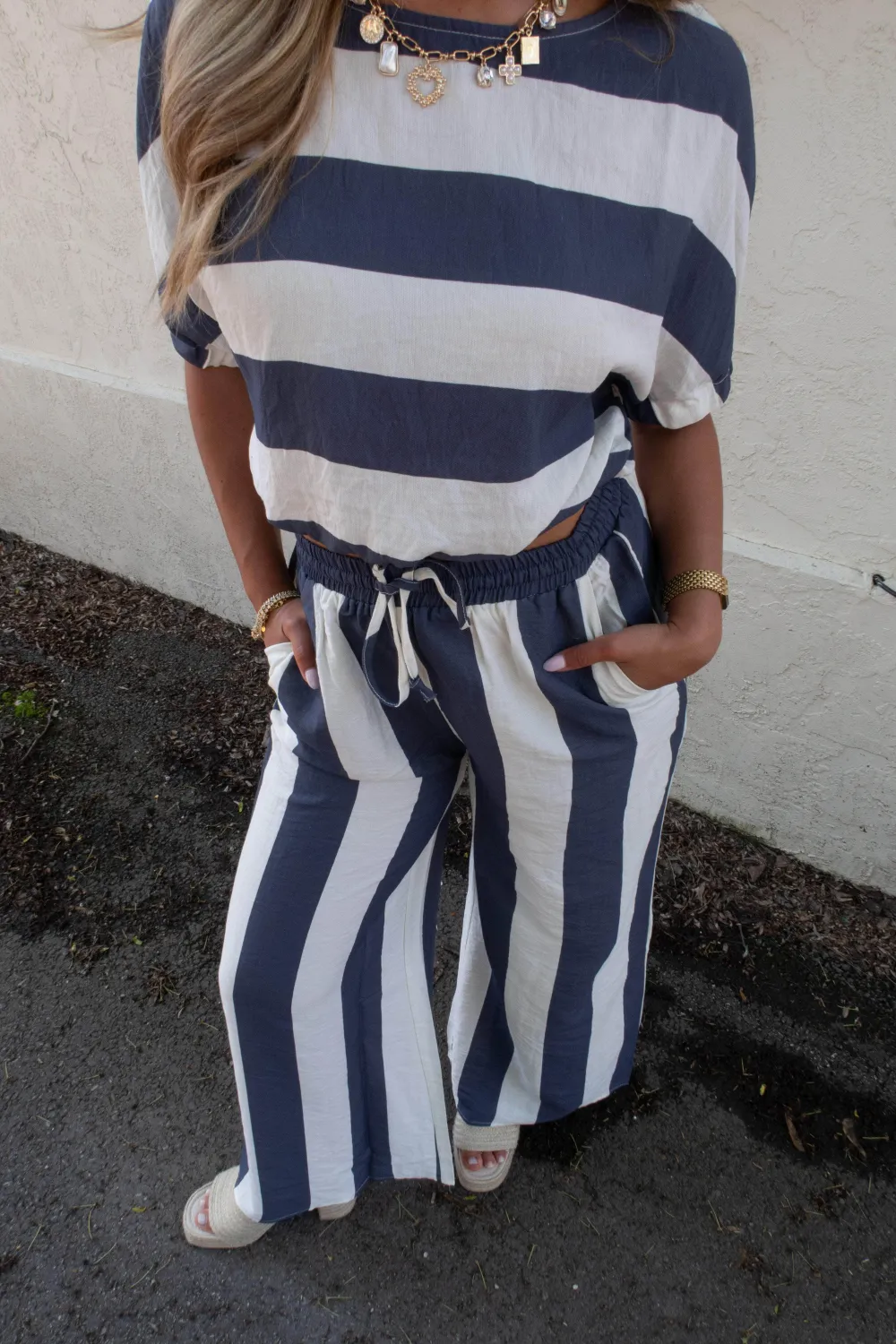 Drawstring Wide-Leg Striped Pants