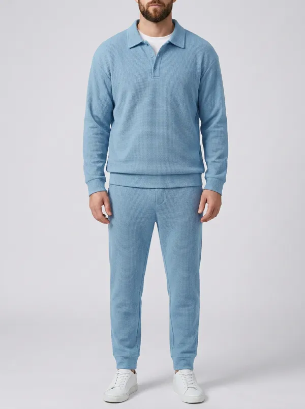 Men's Everyday Waffle Textured Polo Collar Jacket and Jogger Pants Set