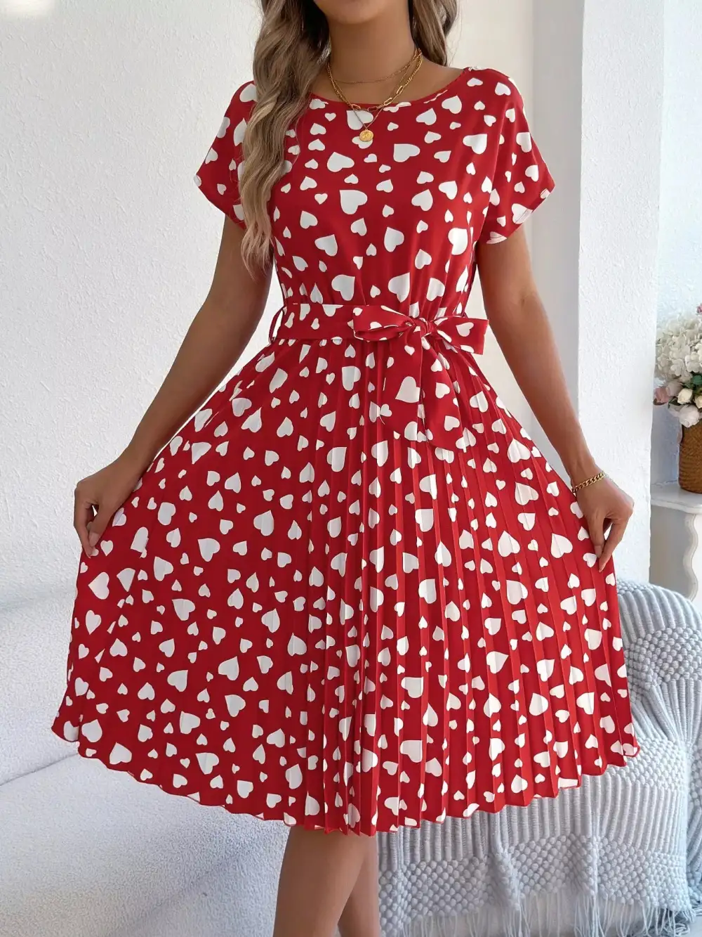 Printed Tie Waist Pleated Midi Dress