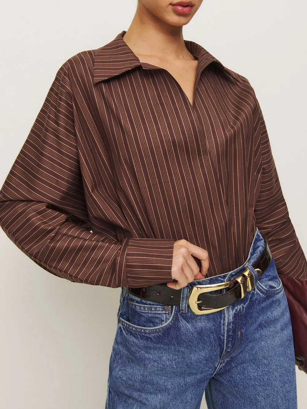 Pinstripe Collared Long Sleeve Blouse