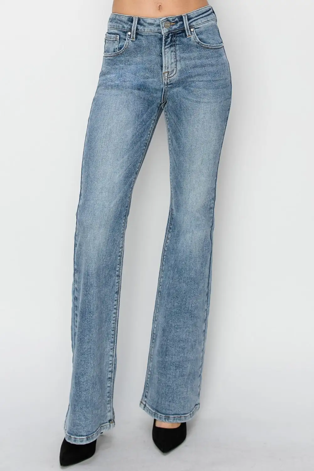 Pocketed Mid Rise Flare Leg Denim Jeans