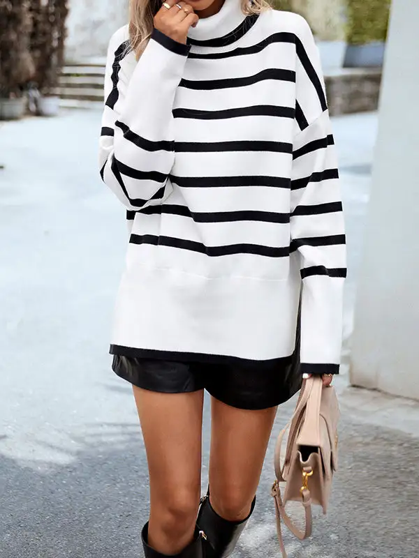 Striped Split Hem High Neck Long Sleeve Relaxed Fit Pullover Sweater