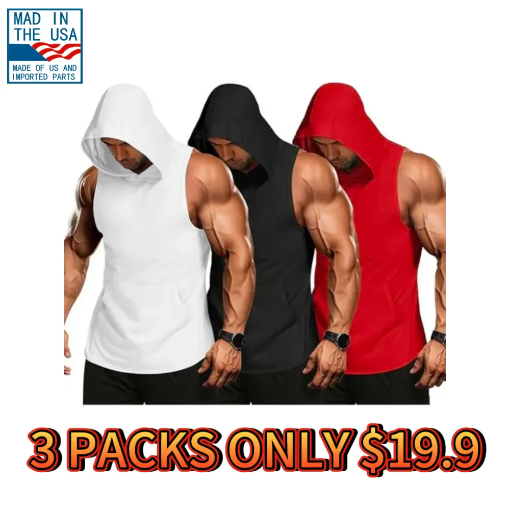 🔥Last Day 49% Off-Men's Solid Kangaroo Pocket Hooded Sports Vest Loose Fit Sleeveless Fitness Hoodie for Summer Gym Workout Running Fathers Day Gift Training Shirt Modern Sportswear