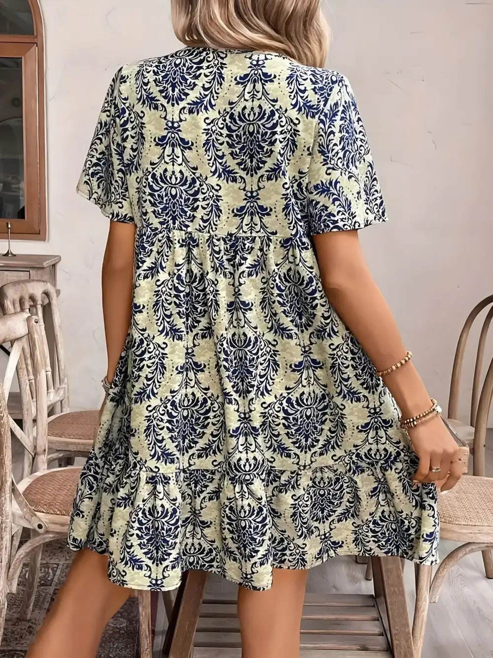 Boho-Print V-Neck Loose Fitting Mini Dress