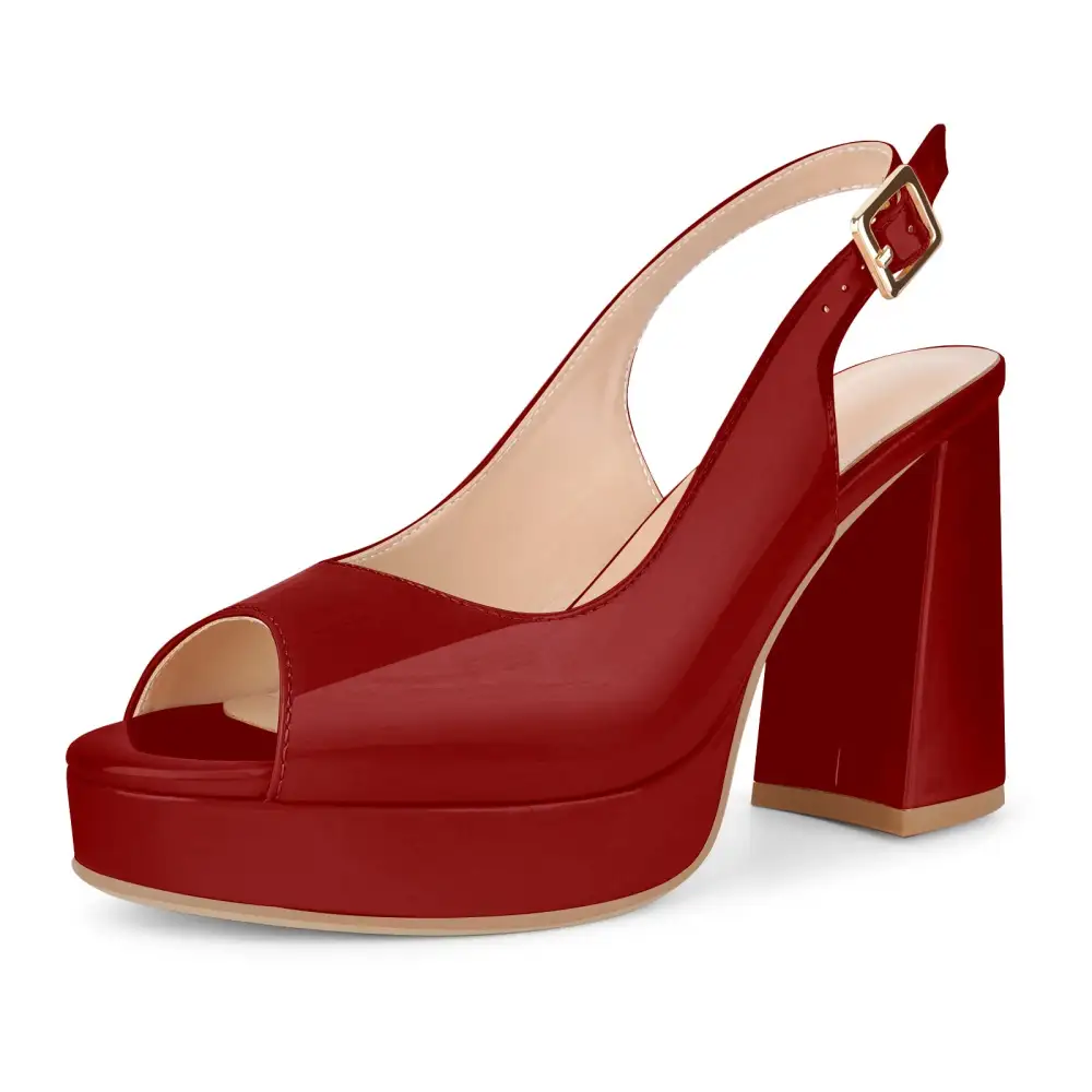 Patent Finish Peep Toe Platform Chunky Heel Slingback Pumps